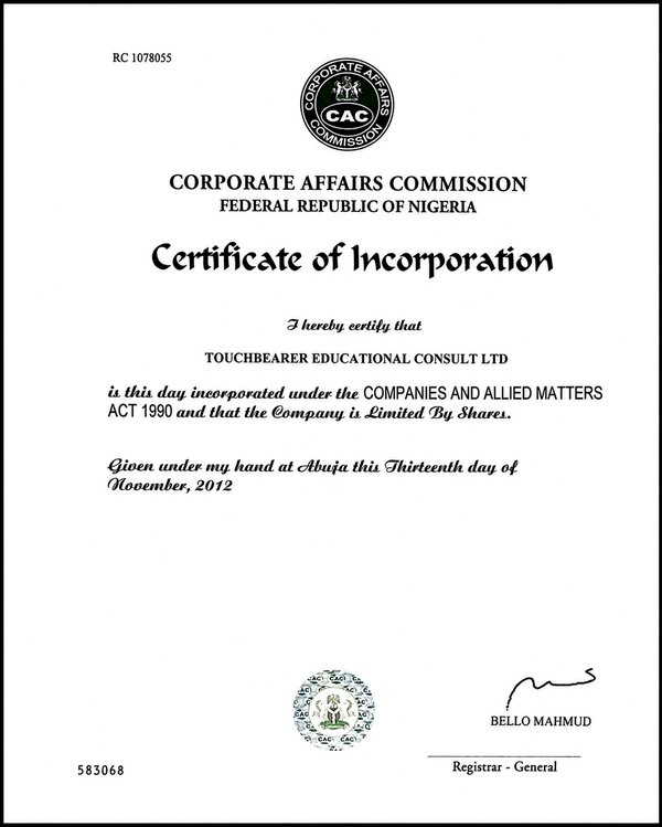 Corporate Affairs Commission Certificate of Incorporation for Touchbearer Educational Consult Ltd, RC 1078055, issued 13 November 2012